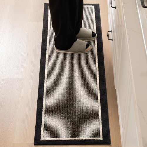 Black And White Striped Kitchen Mat With Flowers Design: Stylish Comfort