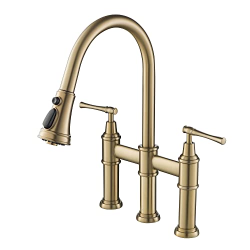 Brushed Gold Bridge Kitchen Faucet: Elegant Pull-Down Sprayhead Designs