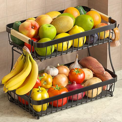 Fruit Holder for Kitchen: Stylish 2-Tier Basket with Banana Hangers
