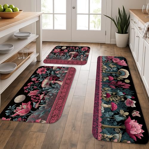 Kitchen Mats Floral With Black Background