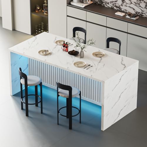 Modern Kitchen With Island: Stylish Faux Marble Tables with LED Lights
