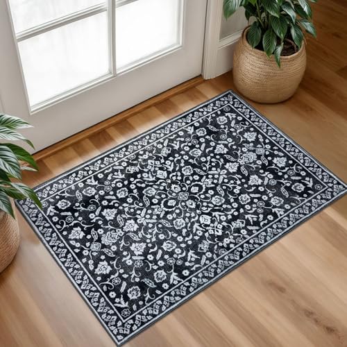 Small Black And White And Floral Kitchen Rugs