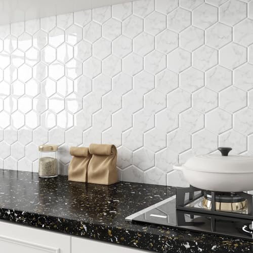 White Embossed Hex Backsplash Tile Kitchen